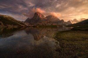 sunset, Summer, Dolomites (mountains), Lake, Nature, Landscape, Italy, Water, Reflection, Sky, Clouds, Grass, Alps