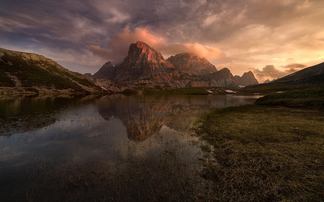 sunset, Summer, Dolomites (mountains), Lake, Nature, Landscape, Italy, Water, Reflection, Sky, Clouds, Grass, Alps Wallpaper