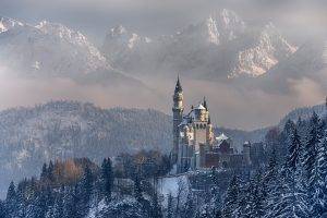 nature, Landscape, Mountain, Forest, Trees, Winter, Snow, Castle, Building, Germany
