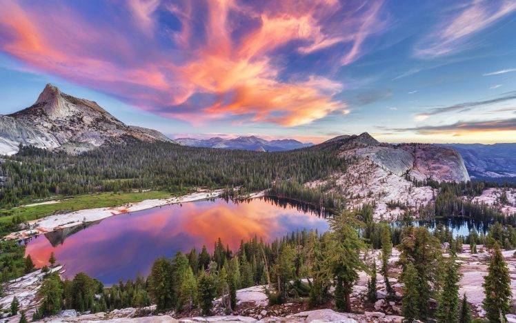 nature, Landscape, Lake, Trees, Sunset, Clouds, Reflection, Mountain, Pine Trees HD Wallpaper Desktop Background