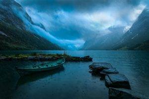 nature, Landscape, Lake, Mountain, Norway, Clouds, Rain, Blue, Boat, Water, Mist