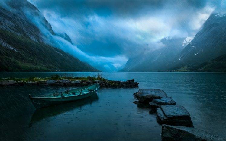 nature, Landscape, Lake, Mountain, Norway, Clouds, Rain, Blue, Boat, Water, Mist HD Wallpaper Desktop Background