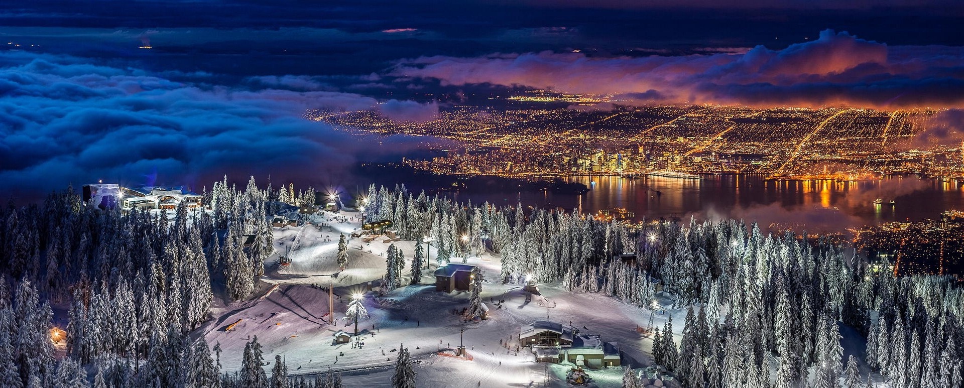 nature, Landscape, Panoramas, Cityscape, Vancouver, Lights, Winter, Snow, Forest, Night, Skis, Clouds, Ports Wallpaper