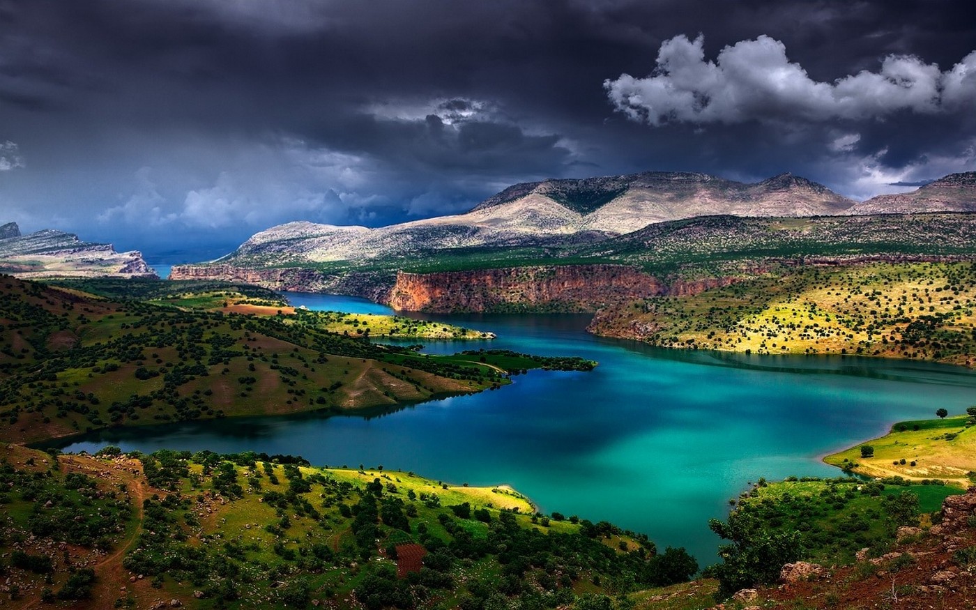 landscape, Nature, River, Euphrates, Turkey, Mountain, Shrubs, Clouds, Grass, Turquoise, Water Wallpaper