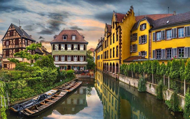 landscape, City, Canal, Trees, Building, Water, Reflection, Colmar, France, Architecture, Old Building, Europe, Boat HD Wallpaper Desktop Background