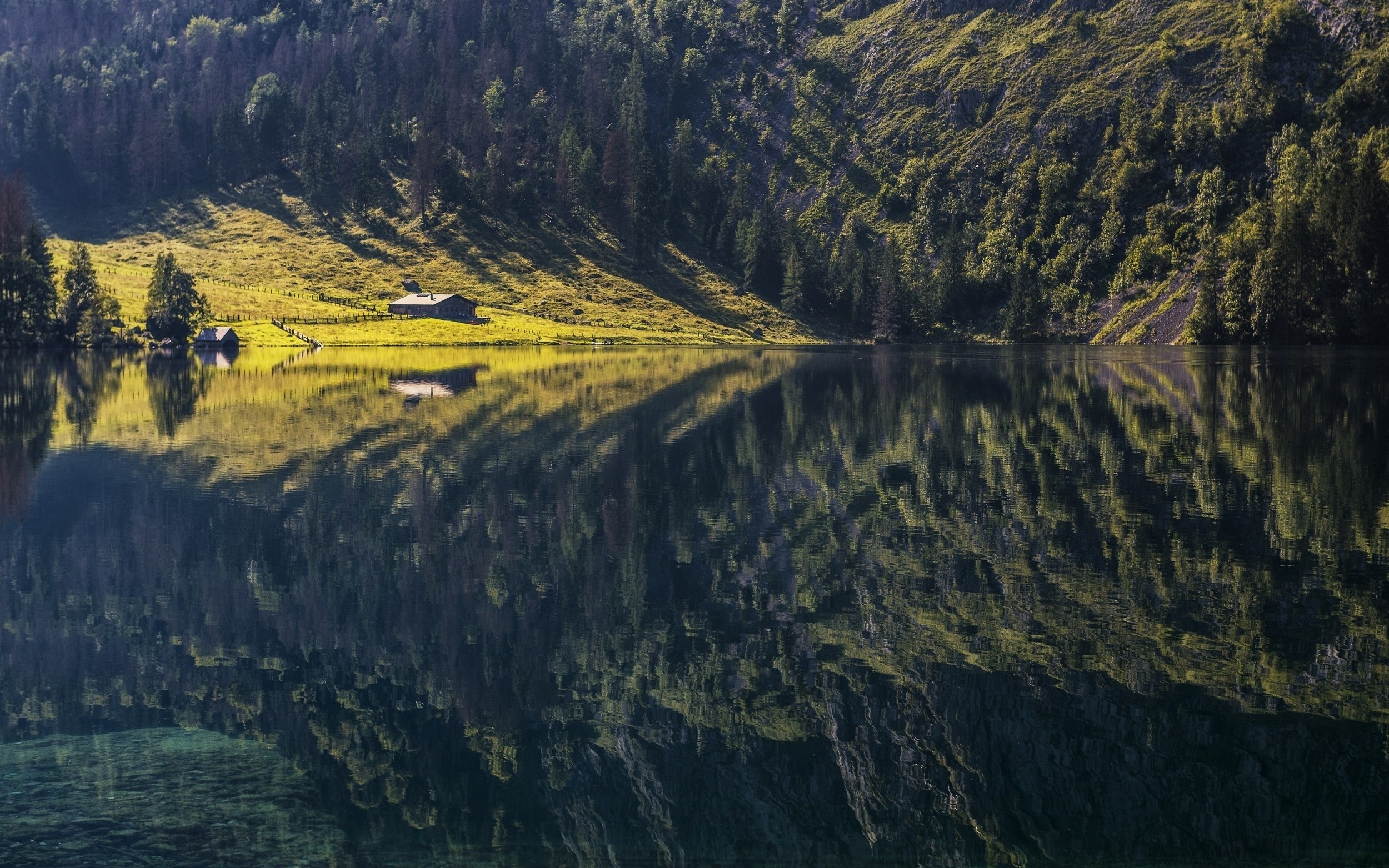 landscape, Nature, Mountain, Lake, Reflection, Forest, Cabin, Grass, Water, Morning, Trees, Calm, Alps, Europe Wallpaper