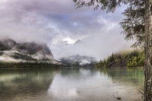 nature, Landscape, Lake, Mist, Panoramas, Forest, Mountain, Clouds, Water, British Columbia, Canada, Trees