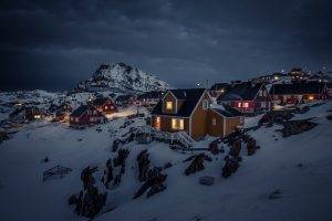 Greenland, Night, House, Landscape, Lights, Town, Snow, Overcast, Mountain, Dark