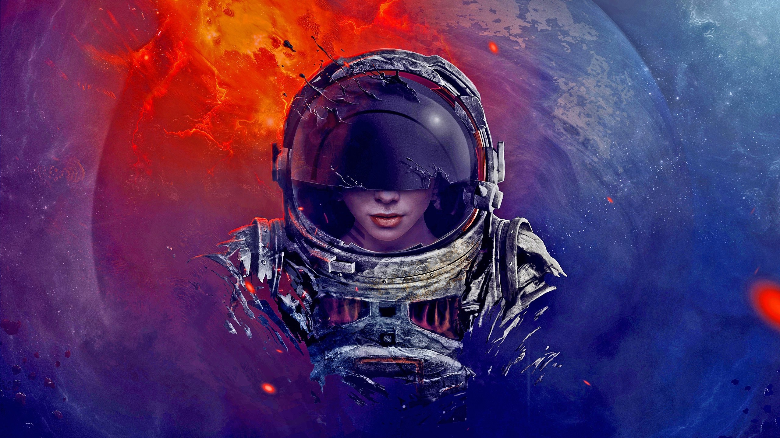 digital Art, Astronaut, Spacesuit, Helmet, Universe, Space, Fire, Women, Rock, Planet, Melting, Galaxy, Nebula, Artwork Wallpaper