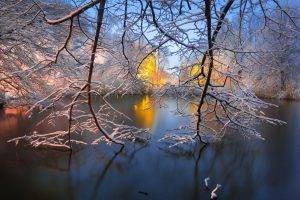 nature, Landscape, Water, Lake, Trees, Brooklyn, Park, New York City, USA, Sunrise, Winter, Snow, Branch, Reflection, Morning, Long Exposure