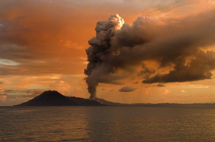 nature, Landscape, Water, Hill, Trees, Volcano, Eruption, Papua New Guinea, Smoke, Clouds, Sea, Sunset, Silhouette, Horizon HD Wallpaper Desktop Background