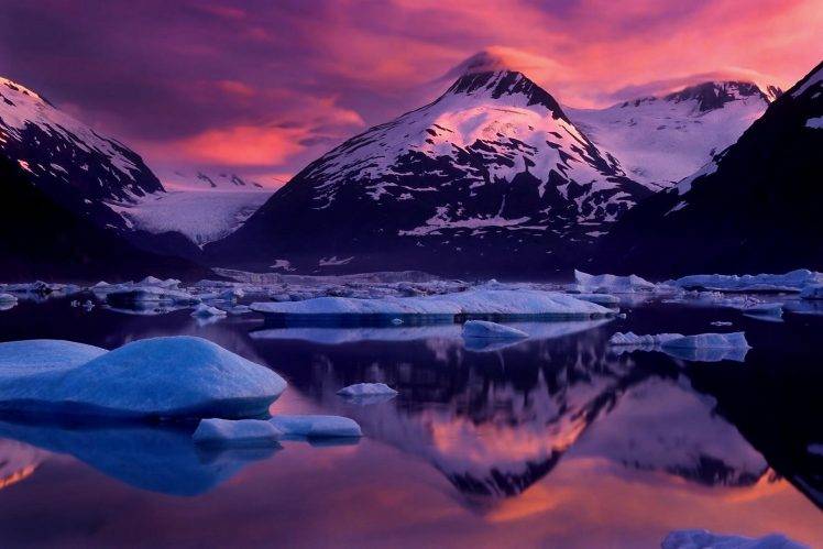 glaciers, Cold, Mountain, Sunset, Nature, Alaska, Snowy Peak, Reflection, Landscape, Sky, Ice, Water, Clouds, Winter HD Wallpaper Desktop Background