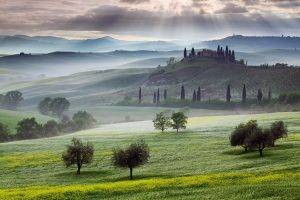 mist, Sunrise, Valley, Nature, Italy, Mountain, Hill, Trees, Landscape, Sun Rays, Clouds, Grass, House, Wildflowers, Green