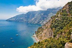 sea, Coast, Italy, Nature, Landscape, Shrubs, Mountain, Cliff, Blue, Water, House, Yachts, Beach, Clouds, Summer