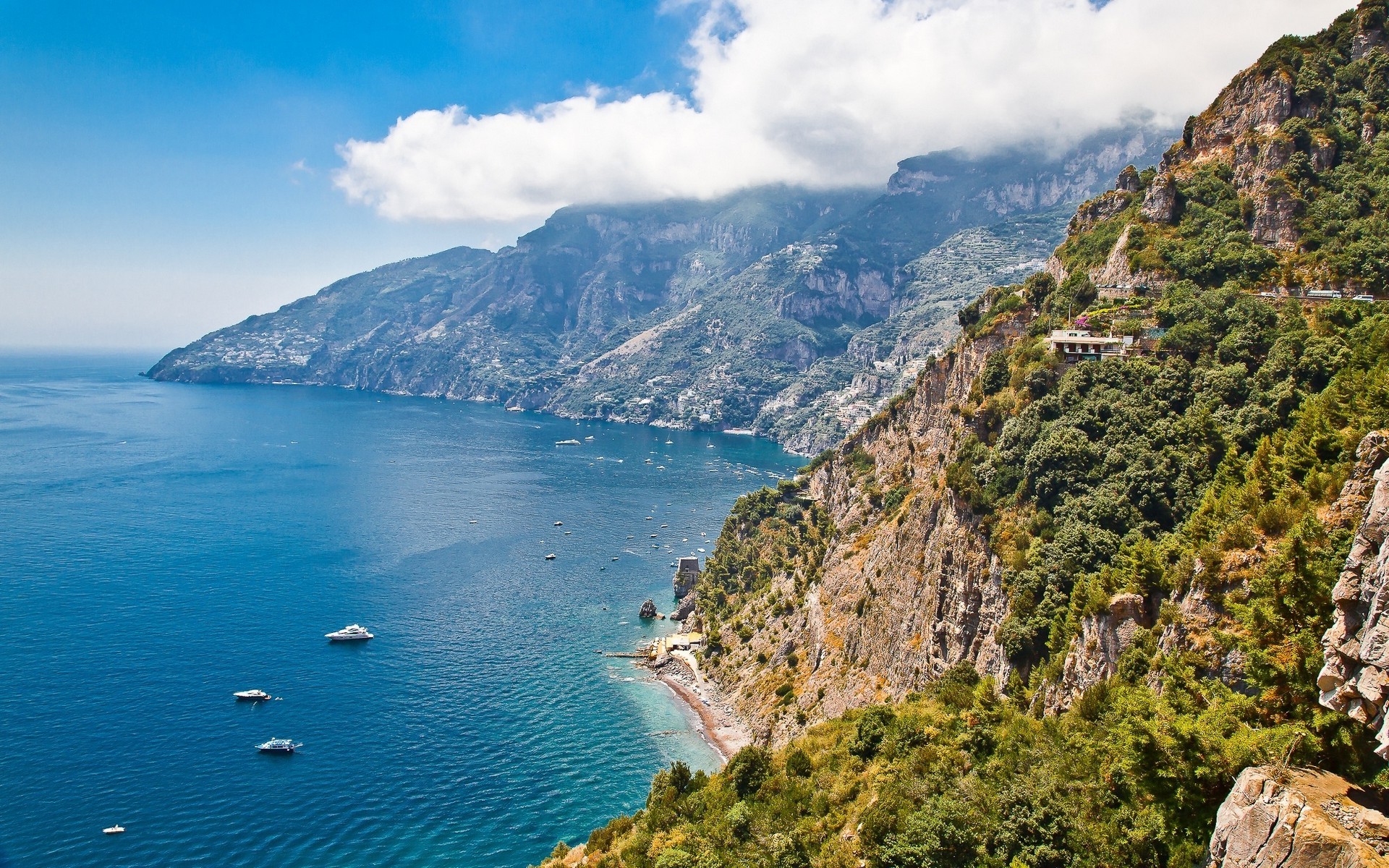 sea, Coast, Italy, Nature, Landscape, Shrubs, Mountain, Cliff, Blue, Water, House, Yachts, Beach, Clouds, Summer Wallpaper