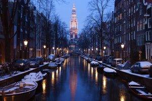 Amsterdam, Netherlands, City, River, Boat, Street Light, Car, Building