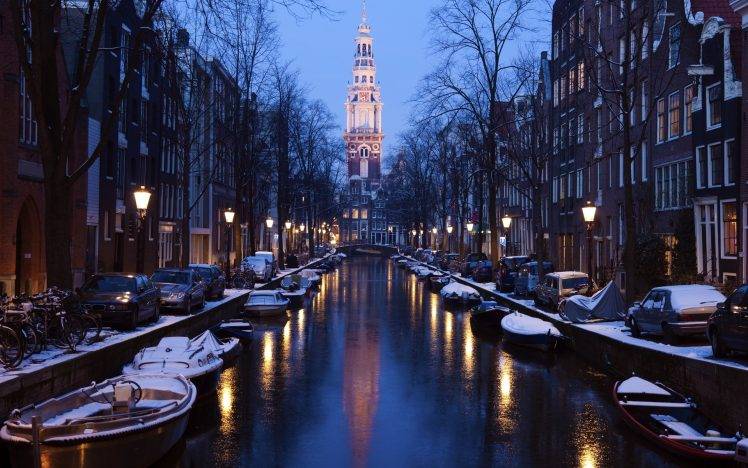 Amsterdam, Netherlands, City, River, Boat, Street Light, Car, Building HD Wallpaper Desktop Background