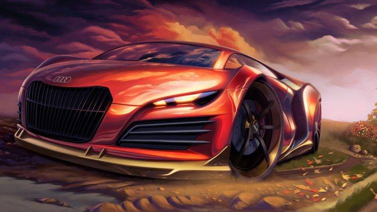 car, Sports Car, Concept Cars, Digital Art, Painting, Audi, Wheels, Brakes, Nature, Clouds, Leaves, Road, Audi R9 HD Wallpaper Desktop Background