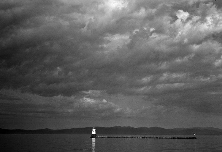 nature, Landscape, Clouds, Horizon, Monochrome, Lighthouse, Island, Stones, Hill, Water, Reflection, Vermont, USA, Lake HD Wallpaper Desktop Background