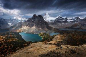 nature, Canada, Mountain, Lake, Forest, Landscape, Fall, Clouds, Snowy Peak, Turquoise, Water