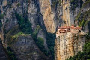 nature, Landscape, House, Mountain, Cliff, Trees, Architecture, Greece, Meteora