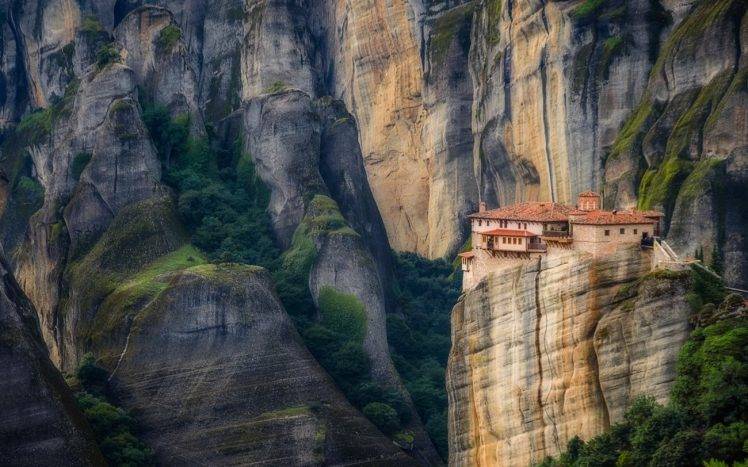nature, Landscape, House, Mountain, Cliff, Trees, Architecture, Greece, Meteora HD Wallpaper Desktop Background