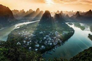 nature, Landscape, River, Sun Rays, Mountain, Mist, China, Village, Sunset