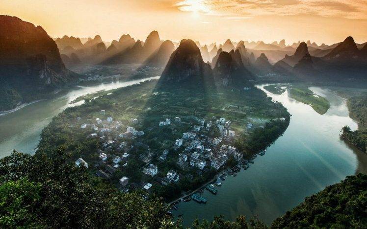 nature, Landscape, River, Sun Rays, Mountain, Mist, China, Village, Sunset HD Wallpaper Desktop Background