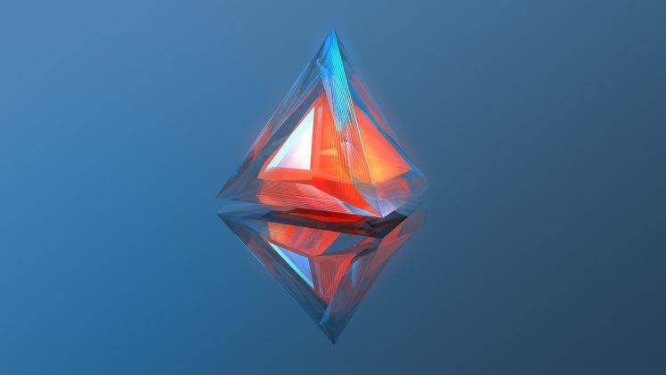 digital Art, Abstract, Minimalism, Geometry, Blue Background, 3D, Triangle, Reflection, Warm Colors, MKBHD HD Wallpaper Desktop Background
