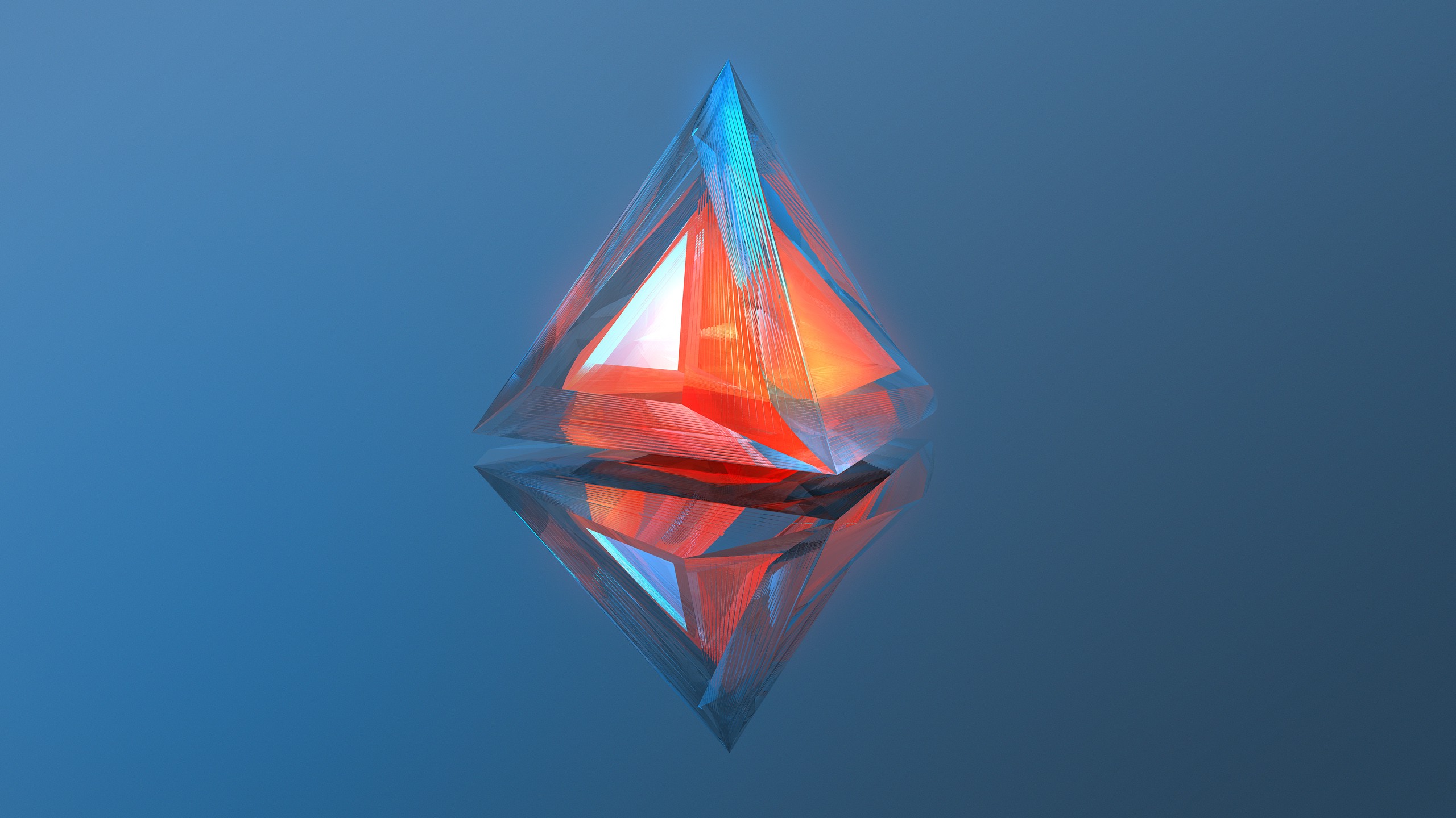 digital Art, Abstract, Minimalism, Geometry, Blue Background, 3D, Triangle, Reflection, Warm Colors, MKBHD Wallpaper