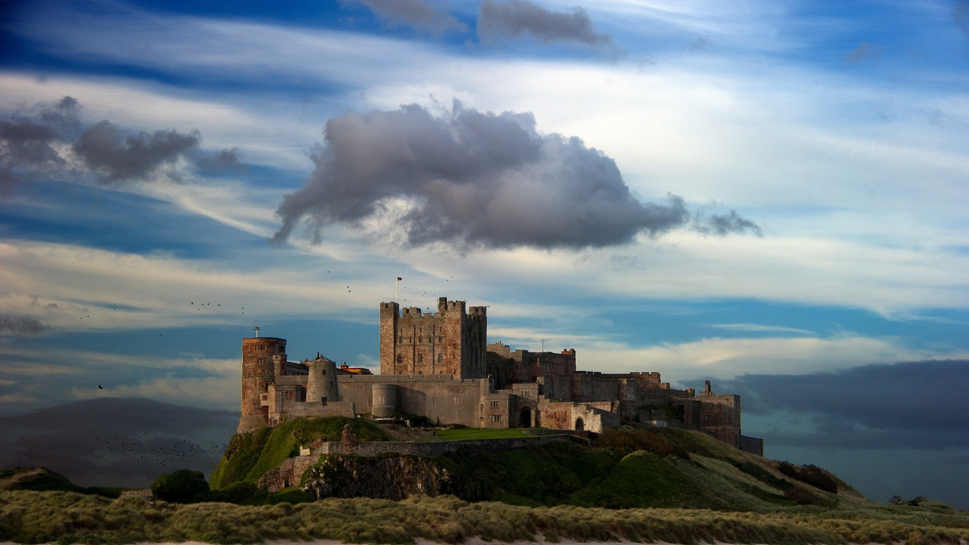 architecture, Landscape, Castle, Nature, Trees, Hill, Tower, Clouds, England, UK, Rock, Field, Flag Wallpaper