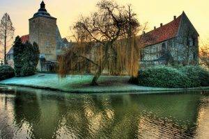 architecture, Landscape, Castle, Nature, Trees, Tower, HDR, Germany, Water, Grass, Reflection, Winter, Sunset