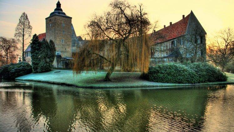 architecture, Landscape, Castle, Nature, Trees, Tower, HDR, Germany, Water, Grass, Reflection, Winter, Sunset HD Wallpaper Desktop Background