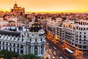 city, Cityscape, Sunset, Road, Car, Architecture, Madrid, Spain, Europe, Street, Urban, Building