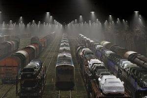 night, Mist, Landscape, Railway, Freight Train, Denmark, Rail Yard, Lights