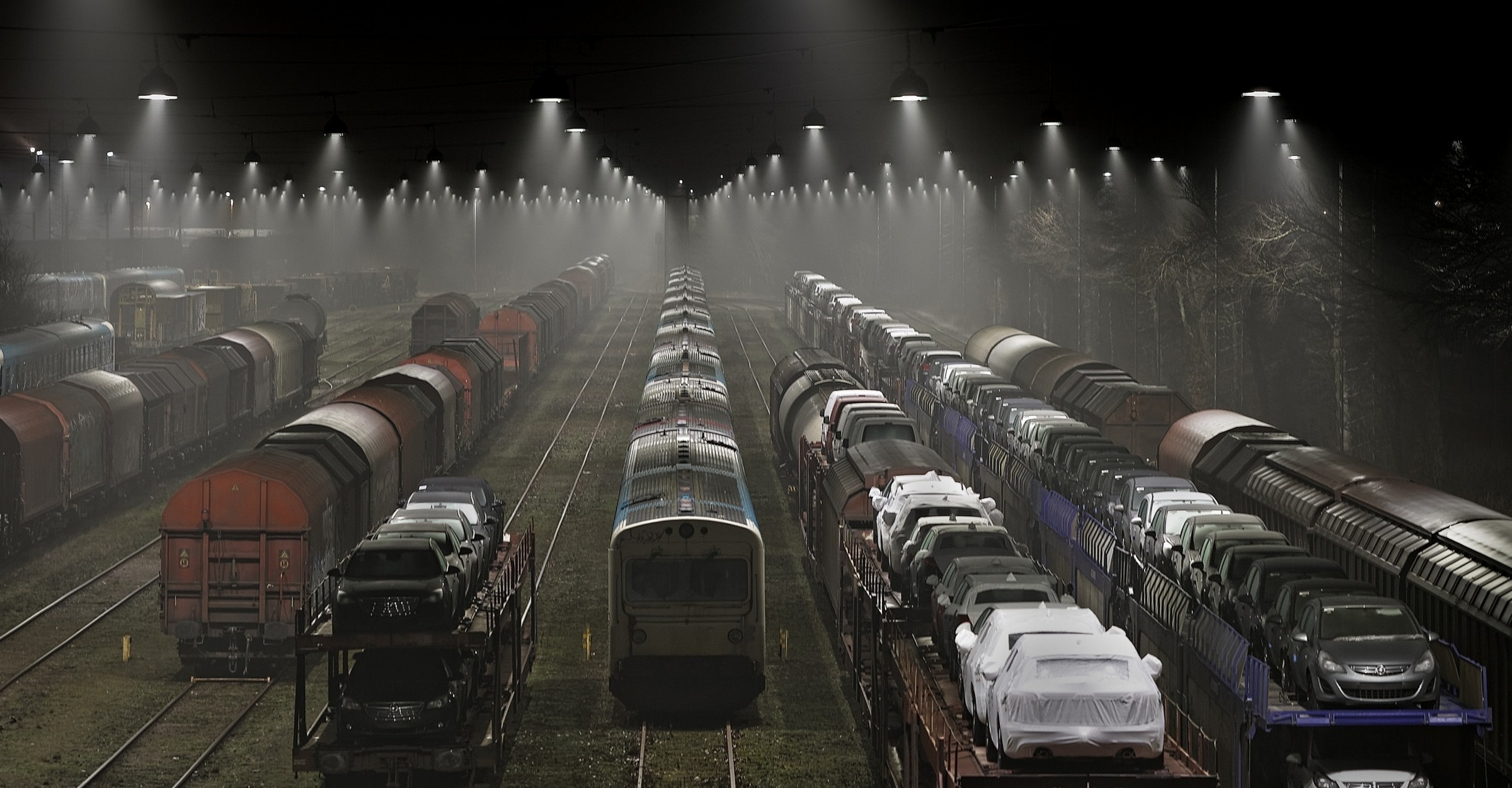 night, Mist, Landscape, Railway, Freight Train, Denmark, Rail Yard, Lights Wallpaper