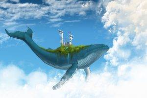 digital Art, Fantasy Art, Animals, Whale, Floating, Clouds, Sky, Building, Futuristic, Nature, Stream, Waterfall