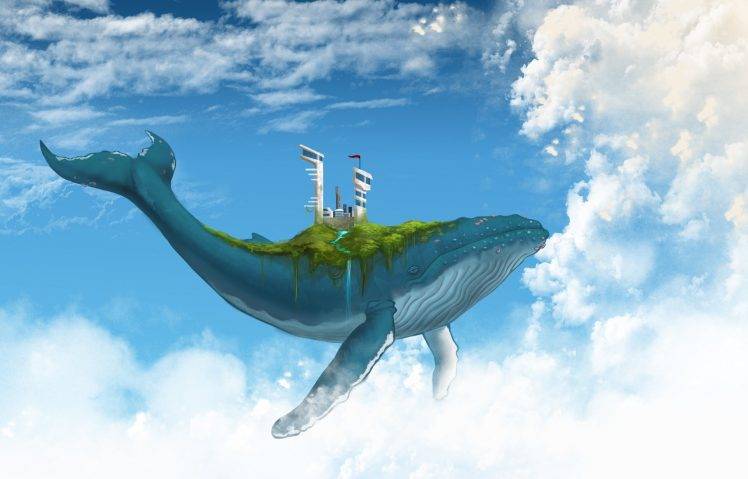 digital Art, Fantasy Art, Animals, Whale, Floating, Clouds, Sky, Building, Futuristic, Nature, Stream, Waterfall HD Wallpaper Desktop Background