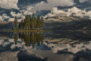 nature, Landscape, Clouds, Trees, Forest, Water, Reflection, Horizon, Digital Art, Mountain, Snowy Peak, Lake, Island, Grass