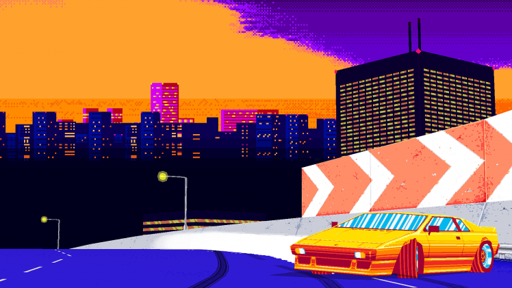 8 bit, Sunset, City, Freeway, Lamborghini HD Wallpaper Desktop Background