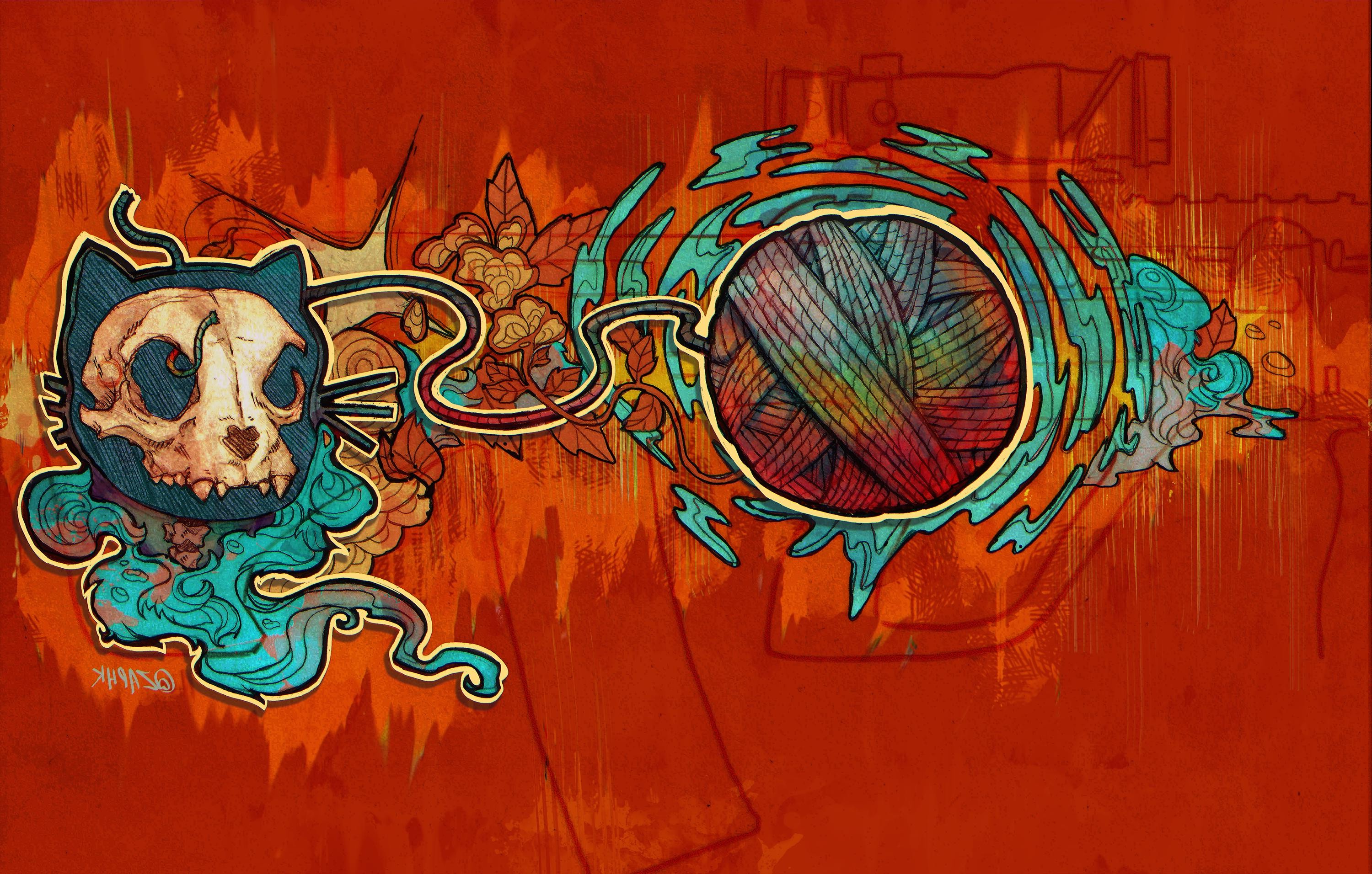 cat, Abstract, Yarn, Skull, Weapon, Gun, Leaves, Colorful Wallpaper