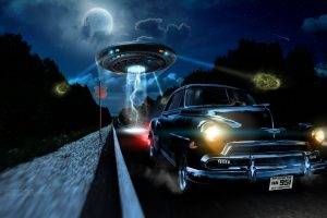 vehicle, Car, Chevrolet, Night, UFO, Digital Art, Fantasy Art, Lights, Road, Aliens, Trees, Forest, Clouds, Stars, Planet, Lightning, Road Sign
