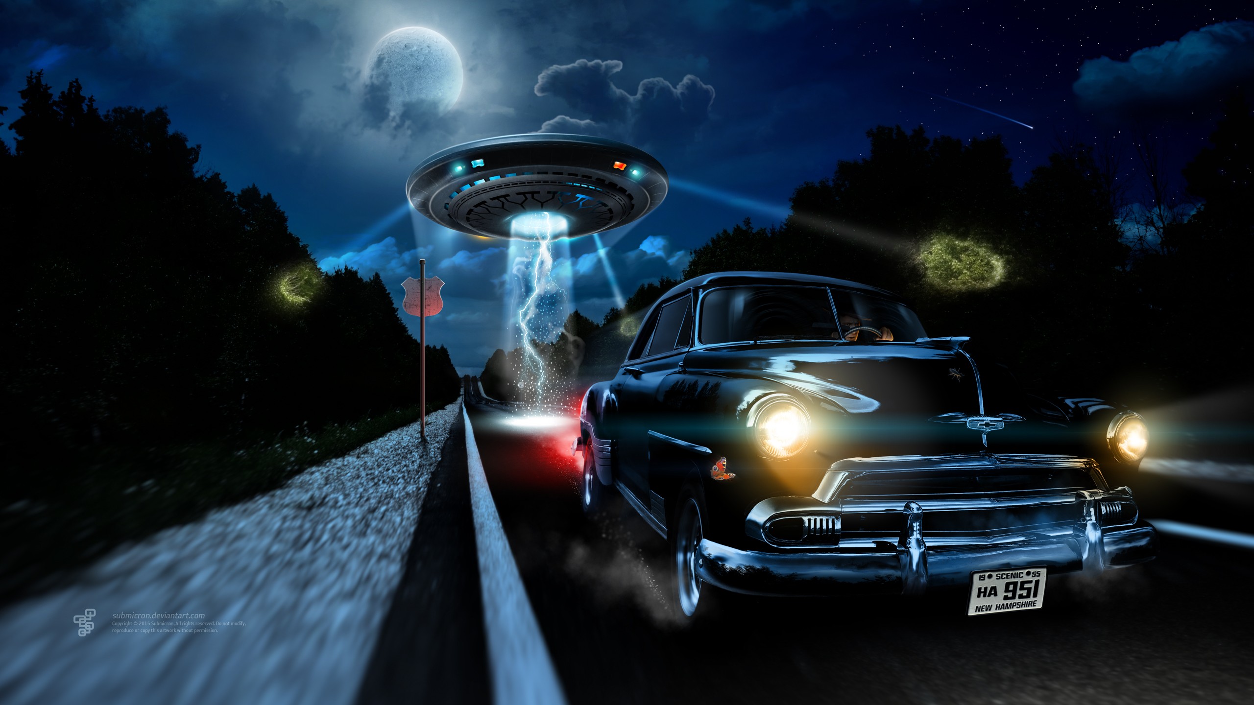 vehicle, Car, Chevrolet, Night, UFO, Digital Art, Fantasy Art, Lights, Road, Aliens, Trees, Forest, Clouds, Stars, Planet, Lightning, Road Sign Wallpaper