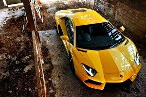 vehicle, Car, Sports Car, Yellow, Lamborghini Aventador, Wood, Dirt, Garages, Reflection