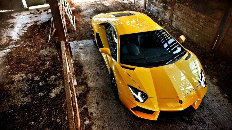 vehicle, Car, Sports Car, Yellow, Lamborghini Aventador, Wood, Dirt, Garages, Reflection HD Wallpaper Desktop Background