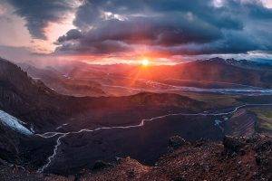 nature, Landscape, Sunset, Iceland, Mountain, Clouds, Glaciers, River, Sky, Sun Rays, Mist