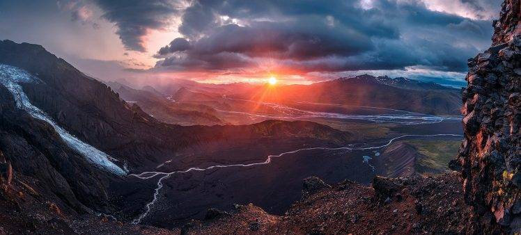 nature, Landscape, Sunset, Iceland, Mountain, Clouds, Glaciers, River, Sky, Sun Rays, Mist HD Wallpaper Desktop Background