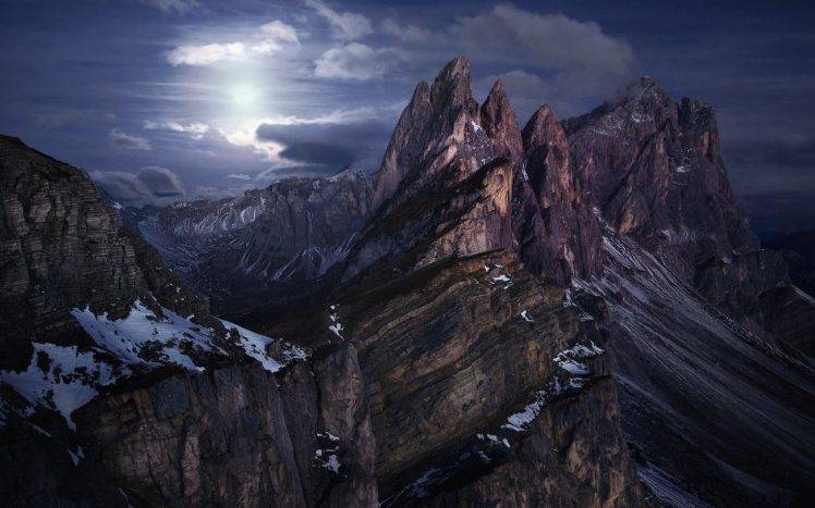 nature, Landscape, Mountain, Snow, Clouds, Sky, Moon, Moonlight, Alps HD Wallpaper Desktop Background