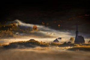 nature, Landscape, Mist, Morning, Village, Trees, Church, Sunrise, Fall, Romania