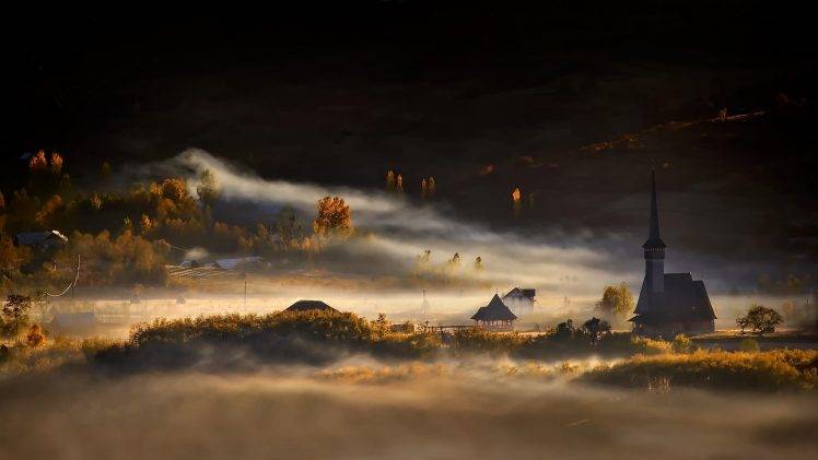 nature, Landscape, Mist, Morning, Village, Trees, Church, Sunrise, Fall, Romania HD Wallpaper Desktop Background